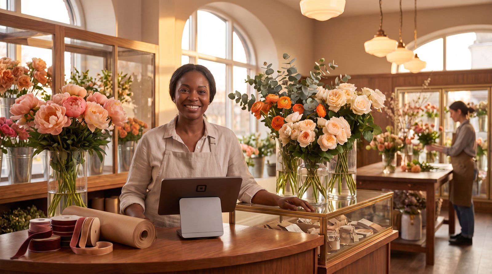 A smiling florist behind the counter of a bright flower shop with a point-of-sale tablet